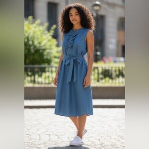 Draper James Chambray Ruffle Front Tie Waist Denim Dress Size Small